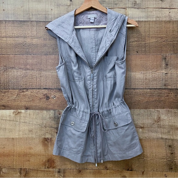 Linen Vest, Zip Up, Gathered Waist, Hooded in Gray Eyelet - Picture 2 of 10